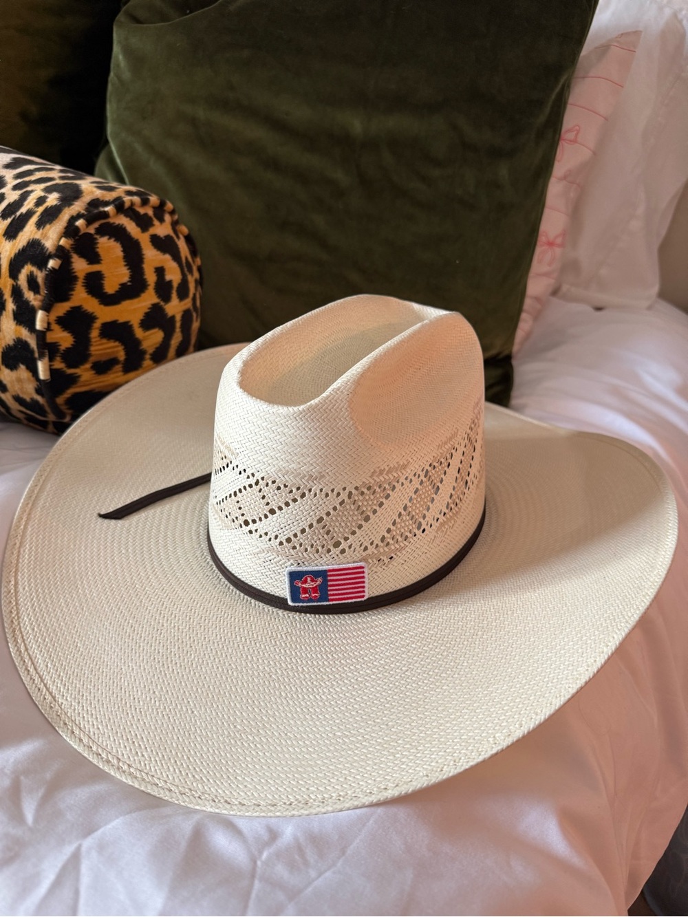 Natural Straw Cowboy Hat with Slim Brown Band and Flag Patch